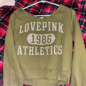 PINK Victoria's Secret Green Crop Hoodie Off-the-Shoulder Sweatshirt